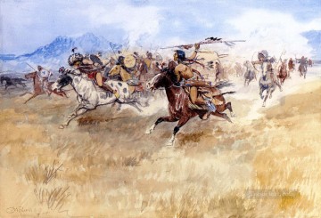 アメリカインディアン Painting - ブラックフットとピーガンの戦い 1897年 チャールズ・マリオン・ラッセル アメリカ・インディアン